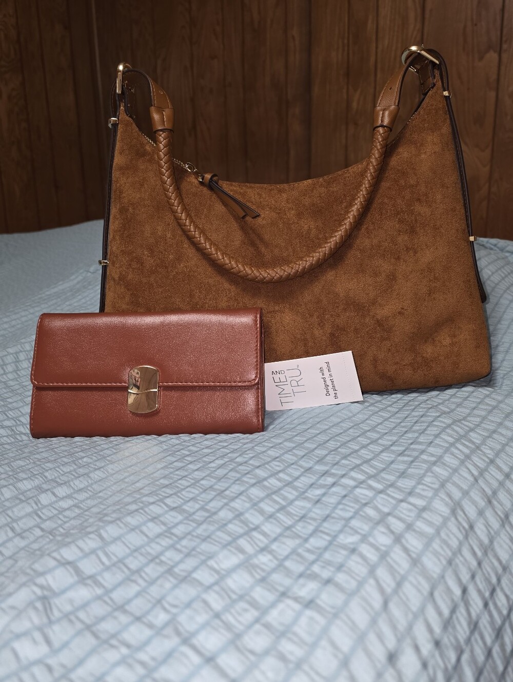 NWT Women’s Brown Faux Suede Hobo Bag with Matching Brown Wallet